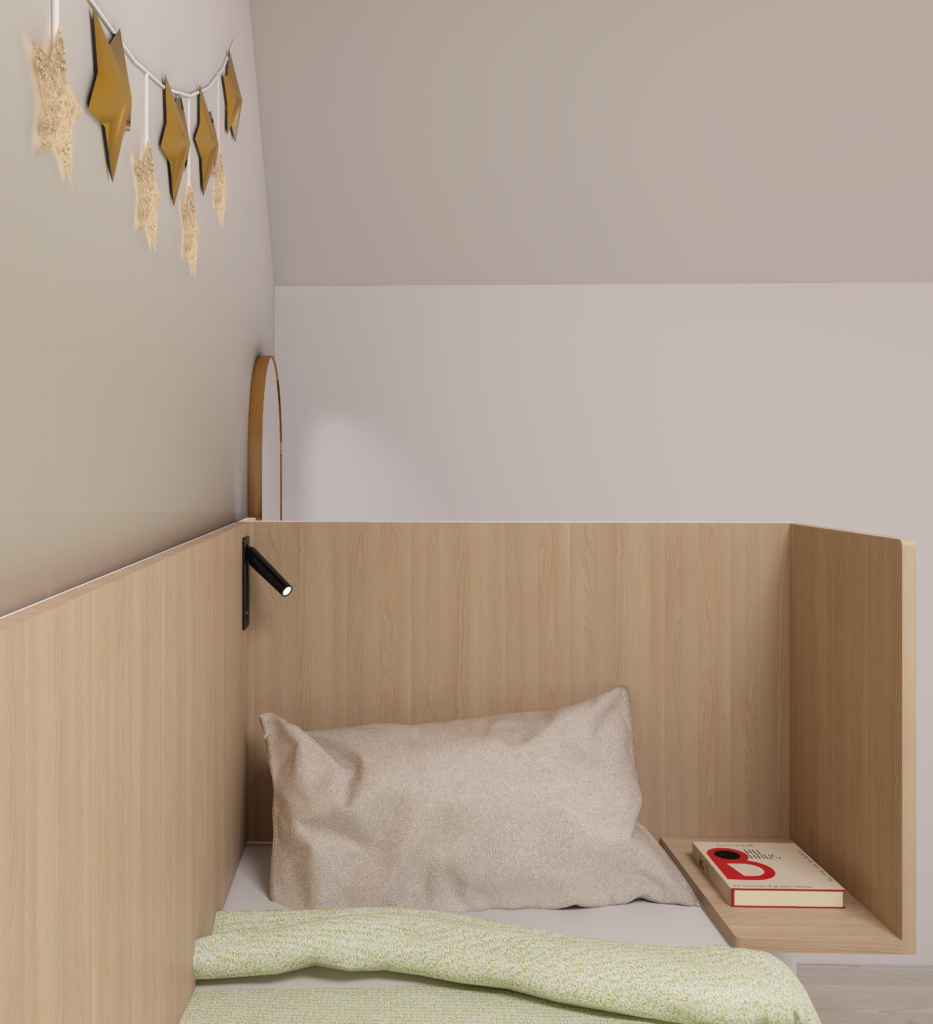 zoom sur une tête de lit en bois dans la chambre d'enfants