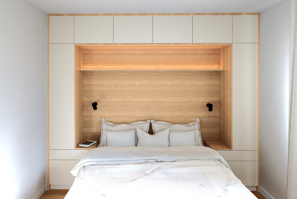 pont de lit sur mesure beig eet bois avec étagere retro élcairée