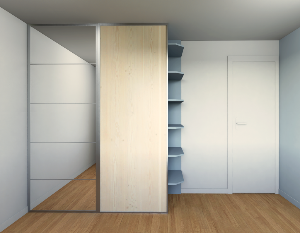 dressing sur mesure avec étageres intégrées à droite, portes coulissantes dont une avec miroir.