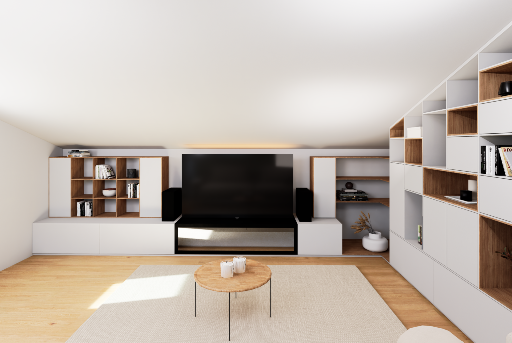 aménagement bibliothèque sur mesure sur mezzanine avec décoration, photo réalisme