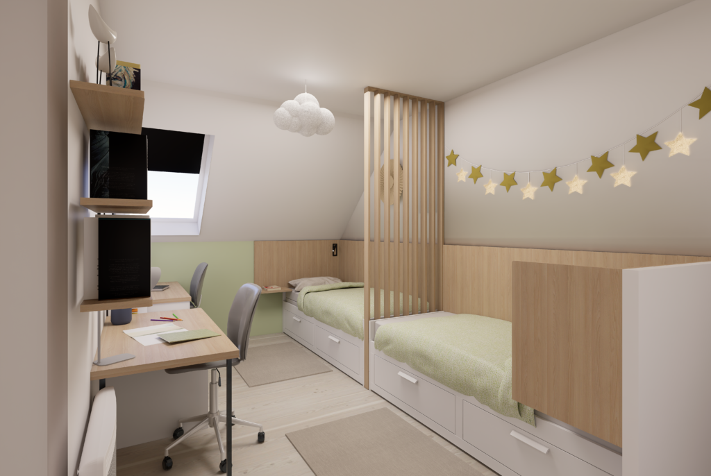 chambre sous pente pour enfants vue vers le velux, en photo réalisme