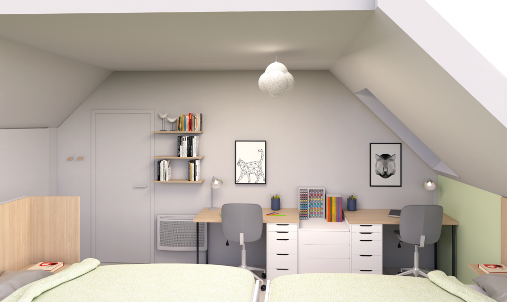 chambre sous pente pour enfants vue vers les bureaux en photo réalisme