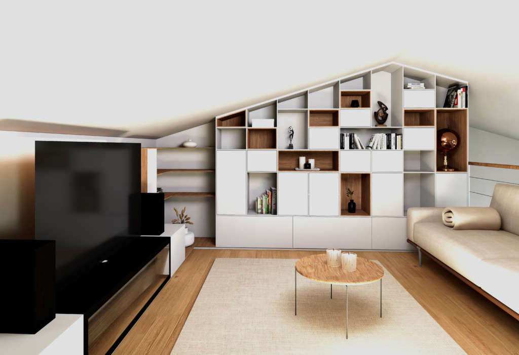 bibliothèque sur mesure sur mezzanine photo réalisme