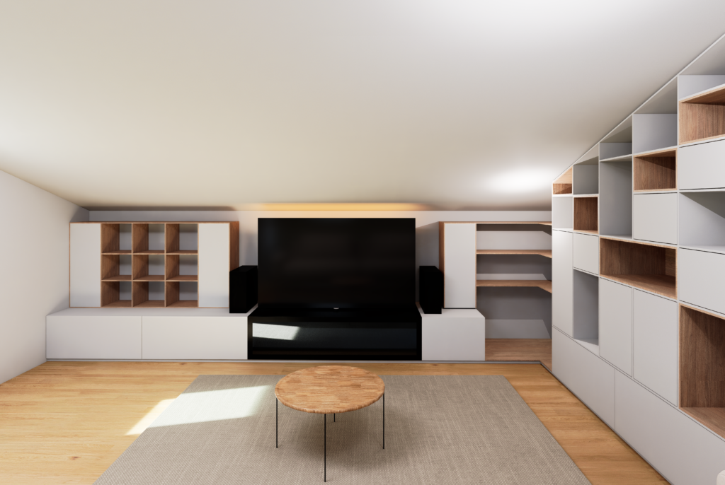 aménagement bibliothèque sur mesure sur mezzanine avec emplacement tv photo réalisme