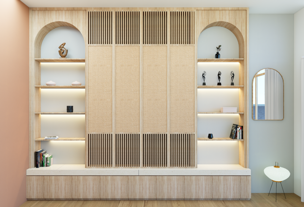 Bibliothèque et meuble TV sur mesure. Panneaux coulissants fermés.