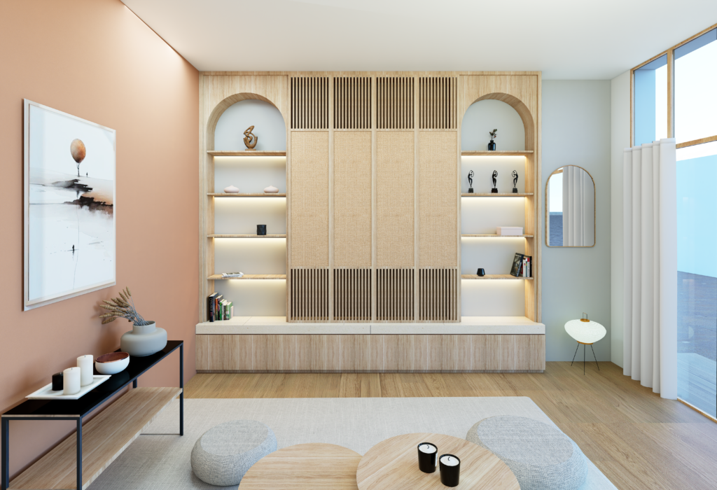 vue de loin du salon avec bibliothèque sur mesure de face