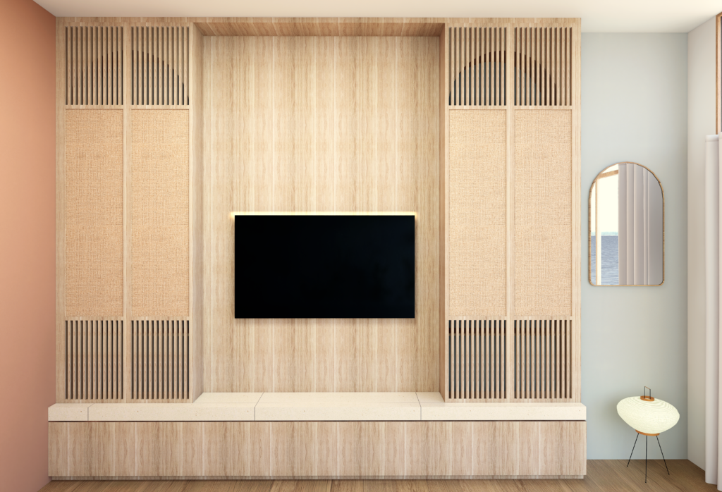 bibliothèque sur mesure panneaux coulissants ouverts laissent apparaitre la TV