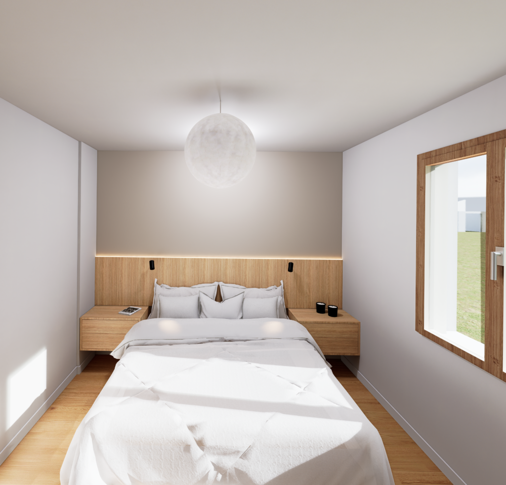 tête de lit sur mesure bois vue de loin , en photo réalisme