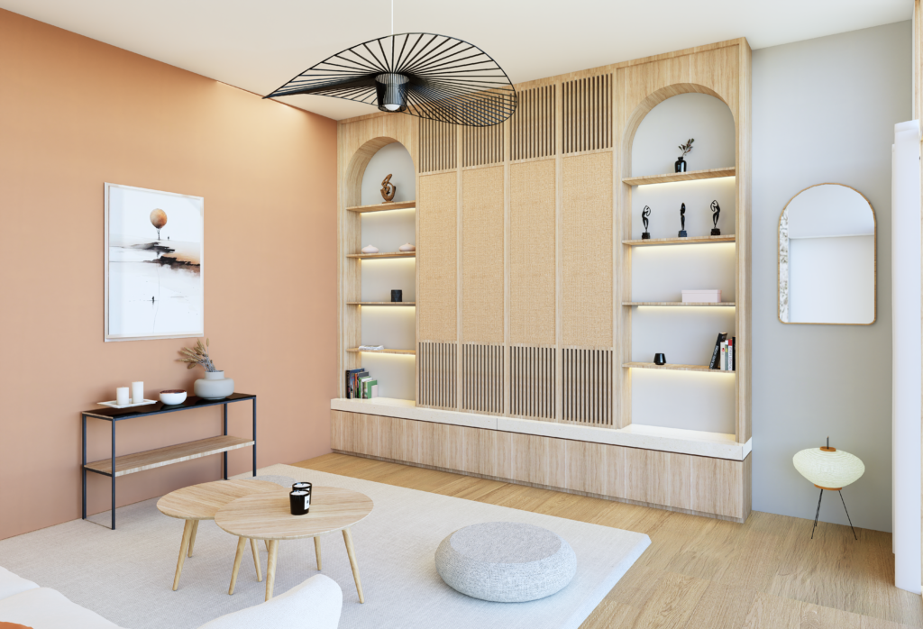 Aménagement salon avec meuble tv et bibliothèque sur mesure en photo réalisme