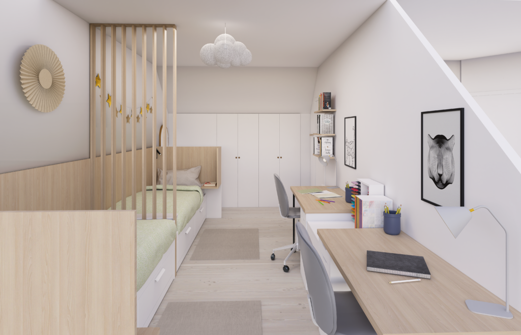 chambre sous pente pour enfants vue vers les placard en photo réalisme