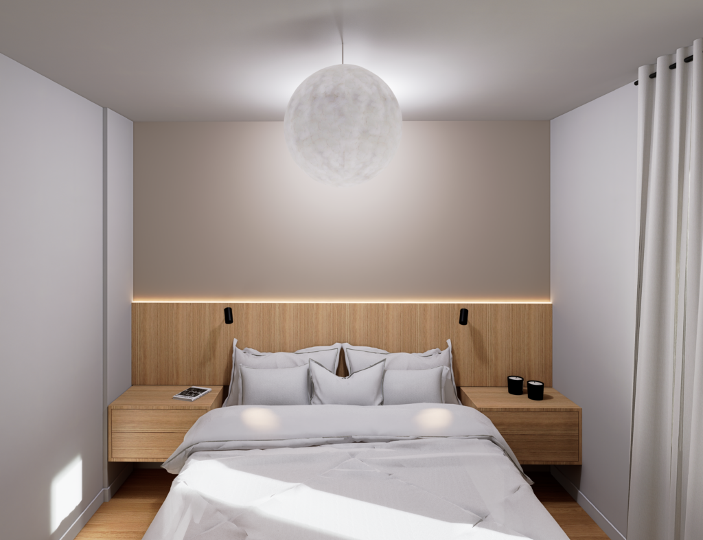 tête de lit sur mesure tables de nuit intégrées en bois , rétro élcairage led