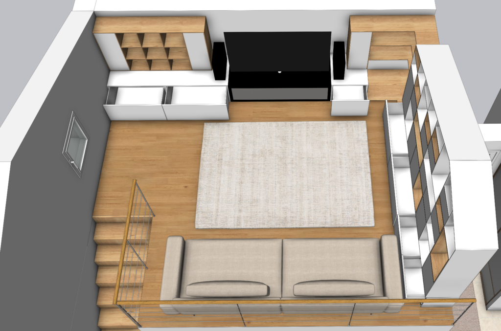 aménagement mezzanine sur mesure visualisationouvertures des tiroirs bas