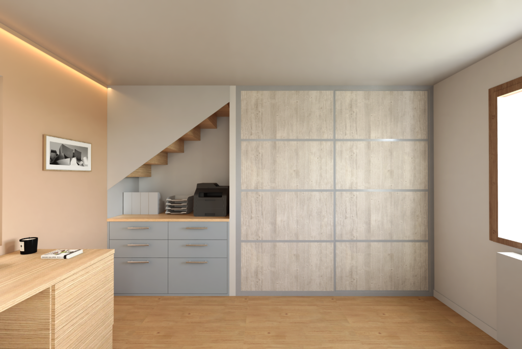 rangement sous escalier et placard de bureau en photo réalisme