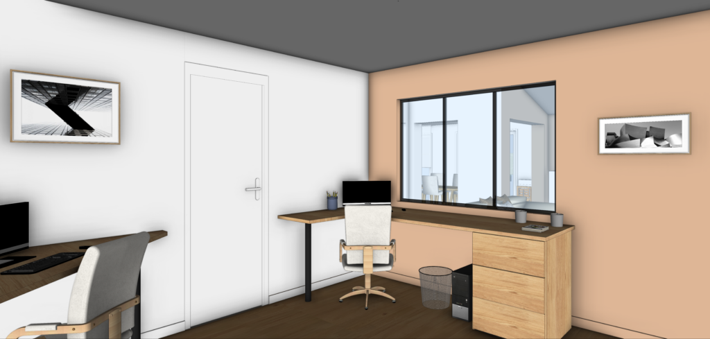 bureau d'angle sous verrière en modélisation 3d