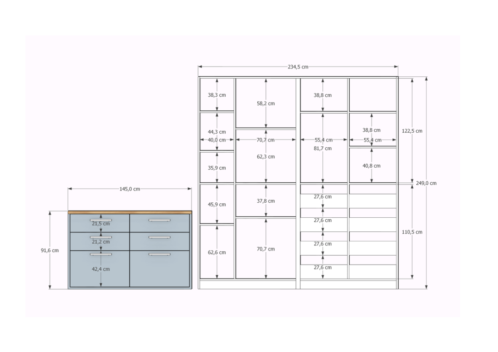plan d'élévation du placard sur mesure du bureau avec cotes indicatives