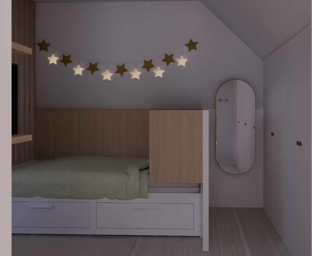 zoom sur la vue en entrant dans la chambre sous pente dans une mabiance nocturne, en photo réalisme