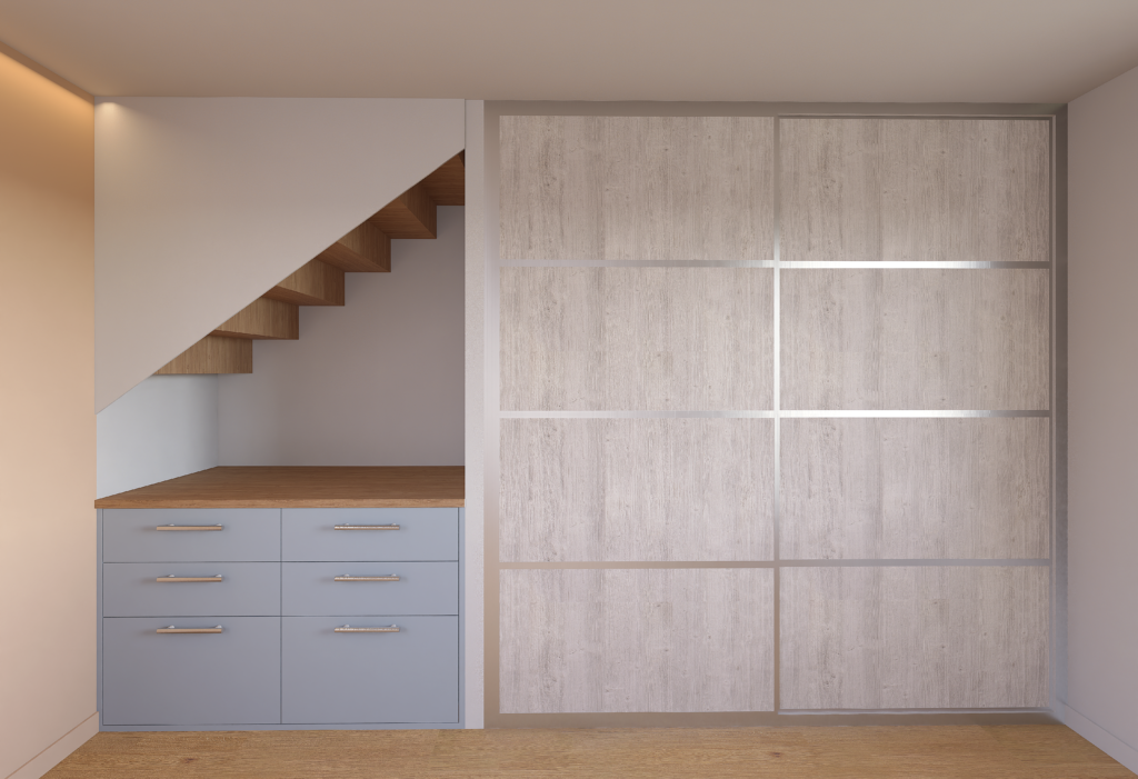 rangements sous escalier avec tiroirs surmontés d'un plan en bois.