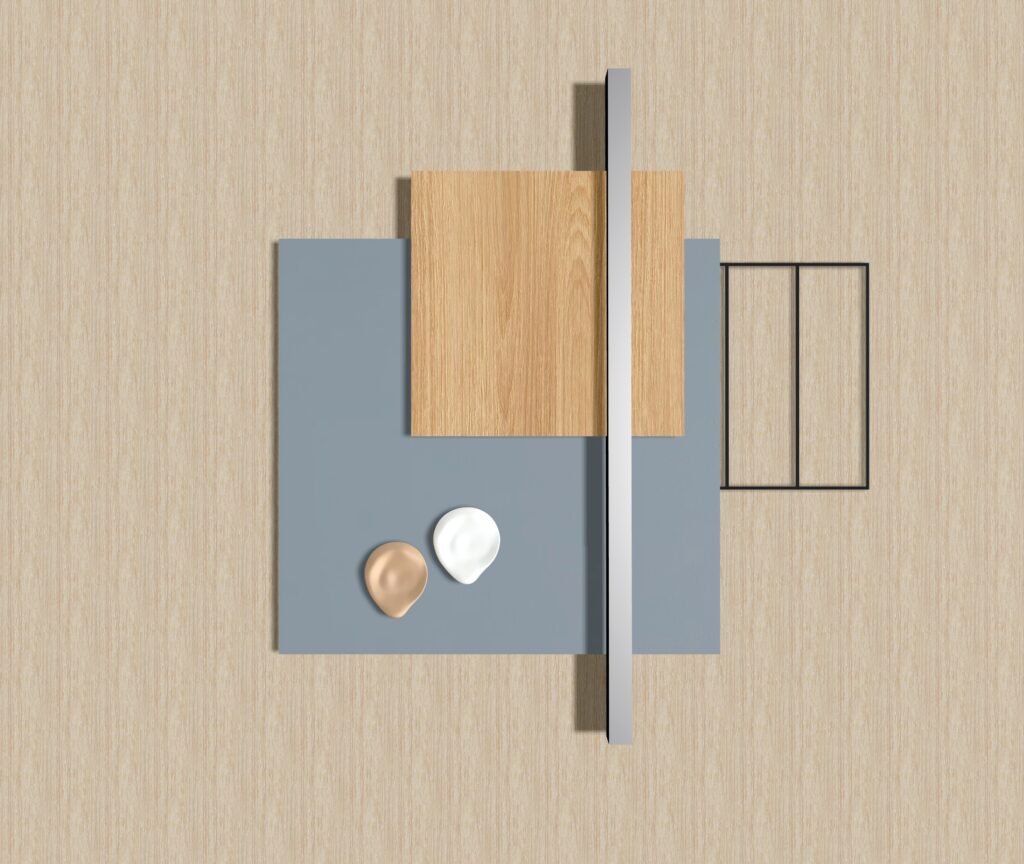 planche matériaux bureau : bois, mélaminé bleu, poignée metal clair peinture orange clair et blanc