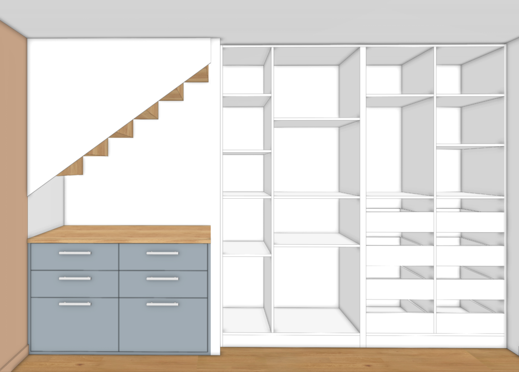 aménagement sur mesure de placard de bureau ouverts en modélisation 3d