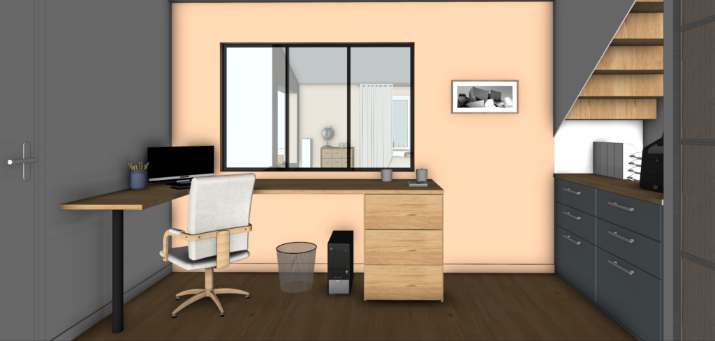 verrière dans le bureau, en dessus d'un des bureaux d'angle, mur orange clair