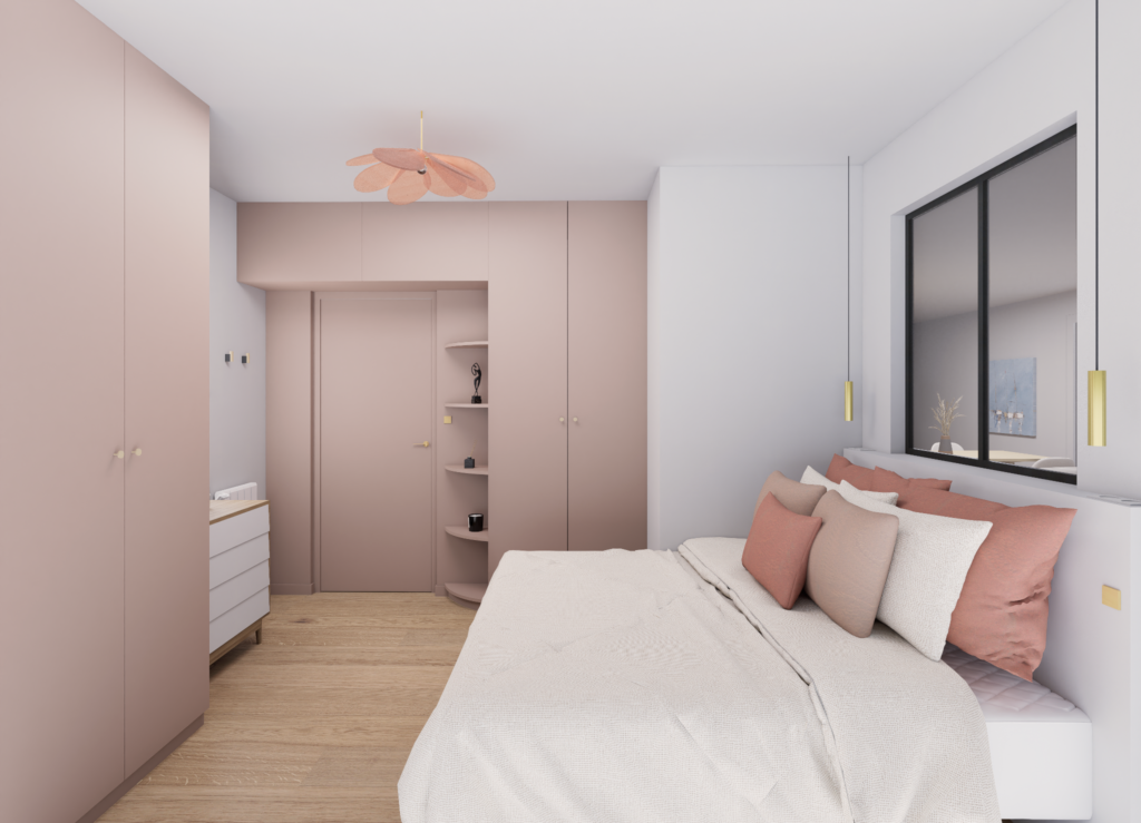 photorealisme chambre parentale meuble sur mesure rose