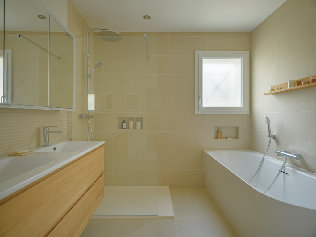 sdb vue d'ensemble : douche baignoire et double vasque