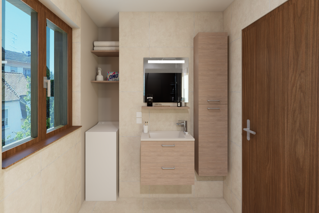 photorealisme meuble vasque et colone bois